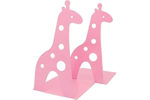 LAMURE Lovely Giraffe Pattern Bookends Metal Book Ends Book Holder for Desk Organizer School Library Desk Study Home Office Decoration Kids Gift (Pink)