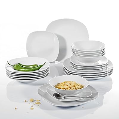 Malacasa, Série ELISA, Lot de 24pcs Service de Table Porcelaine, 6 Assiettes Plates, 6 Assiettes à Dessert, 6 Assiettes Creuses Saladier, 6 Bol Céramique Blanc Vaisselles Plat