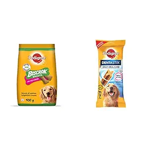 Pedigree Biscrok Biscuits Dog Treats (Above 4 Months), Milk and Chicken Flavor, 500G Pack & Dentastix Large Breed (25 Kg+) Oral Care Dog Treat (Chew Sticks) (7 Sticks) 270G Weekly Pac