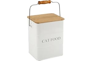 Geyecete Metal - Contenedor de croqueta para gatos (6 L, cajas para alimentos y golosinas, animales y herméticos, madera, tapas de acero al carbono revestidas, – Croqueta de gato con mango blanco