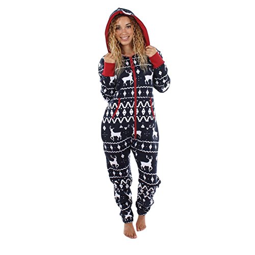 Preisvergleich Produktbild Damen Jumpsuit Pyjamas Sonnena Christmas Weihnachtspullover Overall Nachthemden Winter warm lang hoodie Schlafanzüge Hosenanzug Jumpsuit Anzug Sleepwear Overall Kapuzenpullover (Navy blau, M)