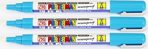 Zig Kuretake Posterman Light Blue Fine (1mm) Nib Tip Liquid Chalk Marker Pens Waterproof Blackboard Whiteboard Outdoor Glass Metal Plastic Wood Paper (Pack Of 3)