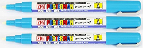 Zig Kuretake Posterman Light Blue Fine (1mm) Nib Tip Liquid Chalk Marker Pens Waterproof Blackboard Whiteboard Outdoor Glass Metal Plastic Wood Paper (Pack Of 3)