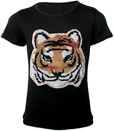 Girls Kids Sequin Tiger Face Brush Hands Changing Sequins Emoji Emoticon Top T-Shirt Age 3-14 Years (BLACK, 11-12)