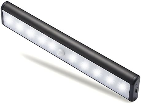 Moens Upgrade USB Rechargeable 10 LED Magnetic Motion Sensor Night Light,Dusk to Dawn Phototcell,Auto On/Off.Portable,Cordless,Stick-on Anywhere for Cabinets,Closets,Wardrobe(Black)