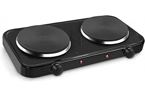 FLM SYSTEM FORNELLO ELETTRICO 2000W ACCIAIO 2 PIASTRE TERMOSTATO 5 LIVELLI TEMPERATURA PIASTRA GHISA CAMPEGGIO PORTATILE (2000W)