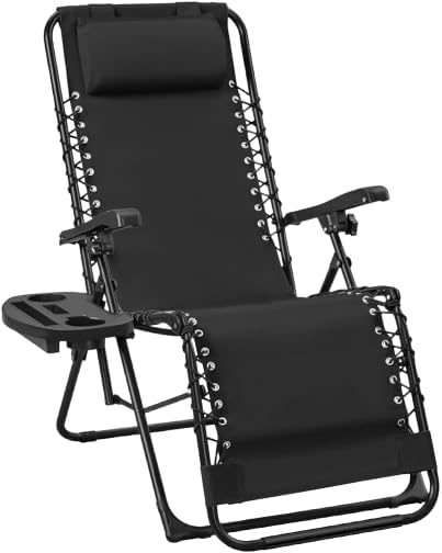 Weida Home Tumbona Plegable para Exterior | Reposapiés y Cojín Ajustable | Silla Reclinable Bandeja Lateral para Bebidas, Móvil y Libros | para Terraza, Camping, Playa, Piscina (Negro)