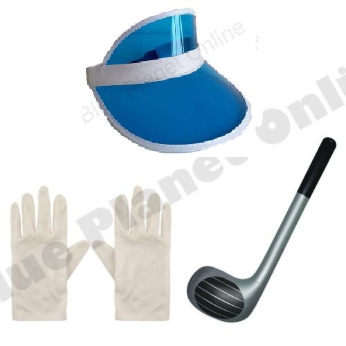Pub Golf Golfer Golfing Visor Hat Cap, Inflatable Club & Gloves Fancy Dress Hen Stag Night (Blue)