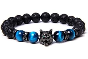OADAA Wolf Head Lava Rock Bracelet, Healing Crystal Stress Relief Anti Anxiety Energy Stone Beaded Bracelet for Men