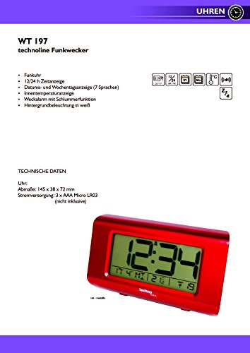 WT 197 – eleganter Funkwecker mit Temperaturanzeige, Technoline, rot-metallic, 14,5 cm x 38,8 cm x 7,2 cm - 4