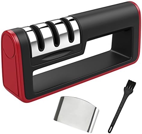 Knife Sharpener- Comsun Professional Kitchen Knife Sharpener 3 Stage Steel Diamond Ceramic Coated Kitchen Sharpening Tool with 1 x Hand Guard Finger Protector &amp; 1 x Brush - Non-slip Base Chef Knife Sharpening Kit, Sharpens Dull Knives Quickly, Easy to Use