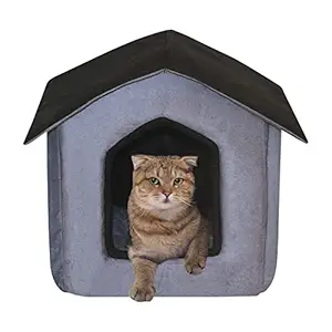 Mellifluous Toy Breed Dogs and Cat Foldable House/ Hut Length 45 cm Width 48 cm Height 53 cm (M, Grey-Black)