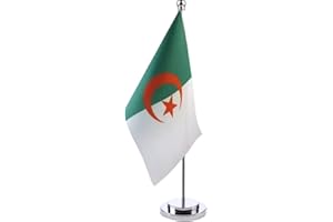 HOLLYLIFE Drapeau Algérie de Table avec Mât en Métal Petit Drapeaux Algérien de Bureau Drapeaux de Bureau Français 21 x 14 cm et Support pour Mât Hauteur 30cm pour Bureau Maison Conférences Festival Célébration