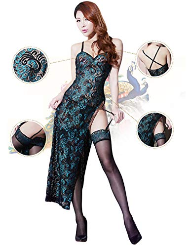 Acecoree Women Sexy V-Neck Lace Spaghetti Strap Floral Lingerie Dress Sleepwear Baby Dolls Green