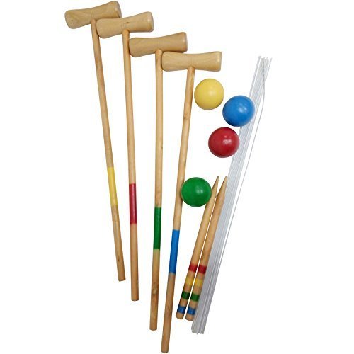 New Rexco 4 Player Complete Wooden Outdoor Garden Croquet Set Mallet Balls Toy Fun Family Game