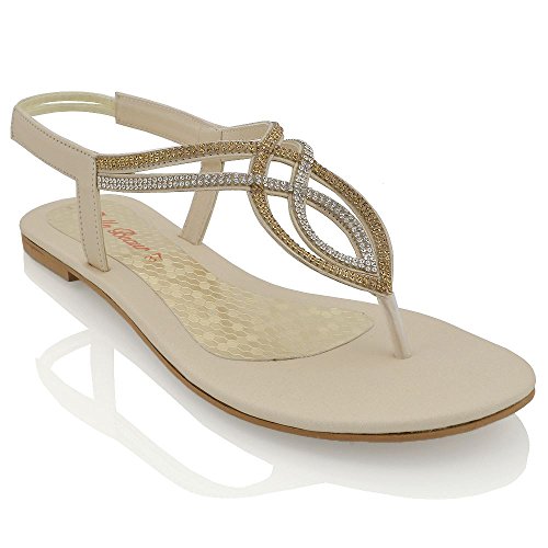 Womens Flat Sparkly T-Bar Sandals Ladies Slingback Stretchy Diamante Toe Post Flip Flop Shoes Size