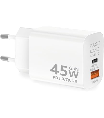 Chargeur USB C 45W Chargeur rapide PD 2 ports avec 1 USB-A et 1 prise pliable USB-C Fonction QC3.0 Sortie 5V/3A