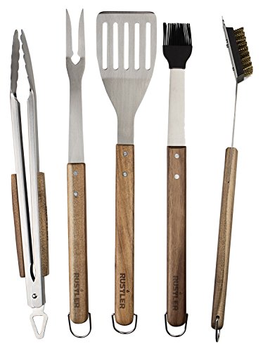 Rustler Grillbesteck 5-Set aus Edelstahl mit langen Holzgriffen aus FSC® 100% Akazie