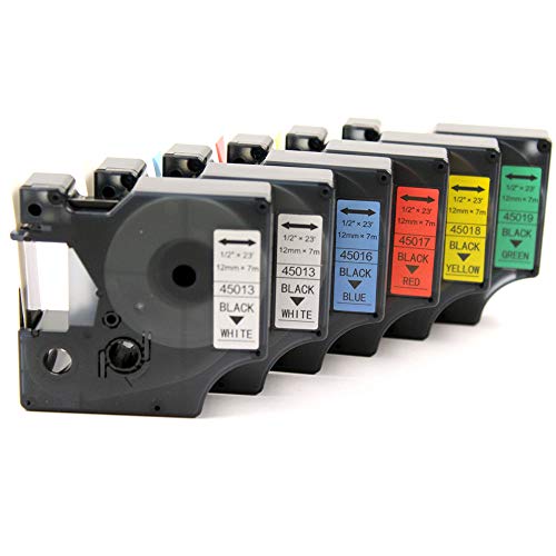 Pure-Color Lot de 6 rubans adhésifs de rechange pour DYMO 45013 45016 45017 45018 45019 Noir sur cassette Blanc/Bleu/Rouge/Jaune/Vert pour LM 100 120P 150 160 200 210D 220 12 mm x 7 m
