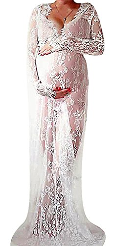 Flora, Women's Maternity Over Long Dress Transparent Floral Lace Raw Edge Deep V, White 14 ,Manufacturer(XXL)
