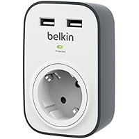 Belkin BSV103CA - Regleta de protección contra sobretensiones (1 toma, 306 J, 2 puertos USB) color blanco y gris