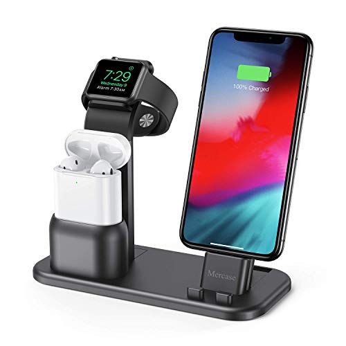 Mercase 3 en 1 Soporte de Carga para iWatch, Estación de Carga para AirPods, Charging Stand Cargador Docks para Tableta,iPhone,Apple Watch Series 4/3/2/1 y AirPods (Negro+2 USB Cables)