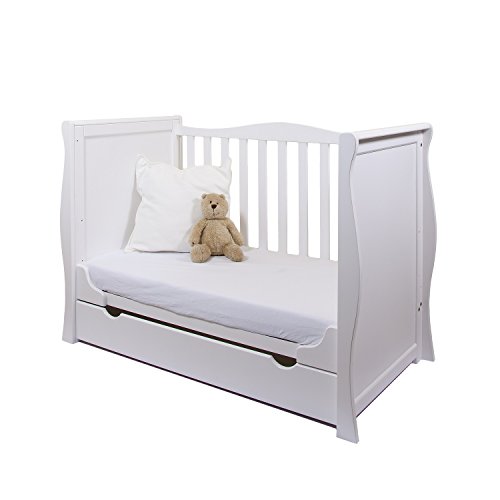 NEW PINEWOOD WHITE SLEIGH MINI COT BED & DRAWER + BRITISH MADE HIGH DENSITY FOAM SAFETY MATTRESS