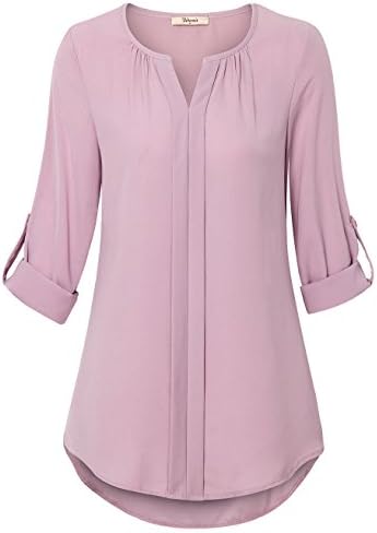 Bebonnie Tunic Blouse, Ladies Cuffed Sleeve Tops Split V Neck Ruffle Fitted Office Shirts Dark Pink,X-Large