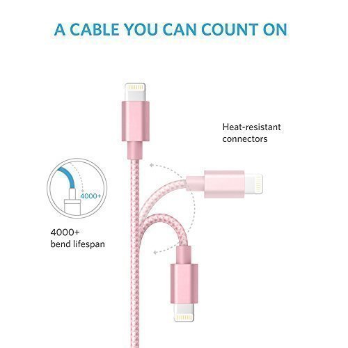 Anker 3ft Nylon Braided USB Cable with Lightning Connector [Apple MFi Certified] for iPhone X / 8 / 8 Plus / 7 / 7 plus / SE / 6 / 6 Plus/ 6s, iPad Air 2, iPad Pro and More (Rose Gold)