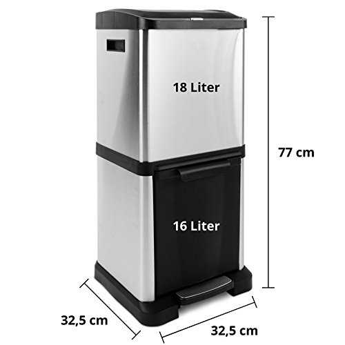 casa pura Steel Bin, Vertical Waste Seperation System | 33x33x77cm, 2 Compartments, 34 Litre (16L + 18L) | 2 Variations Available