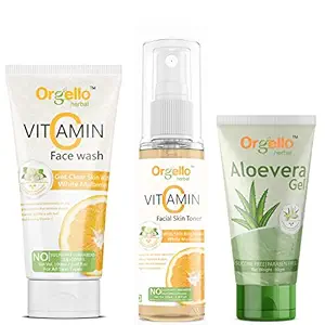 Orgello Herbal Skin care combo products kit pack - Vitamin C Face Wash (1 X 100 ml) + Vitamin C Facial Toner (1 x 100 ml ) + Aloevera Gel for Face & Hair (1 x 60 gm) for men, women, boys, girls