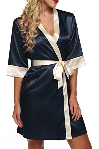 Ekouaer Morgenmantel Damen Satin sexy Kimono kurz edel saunamantel - 2