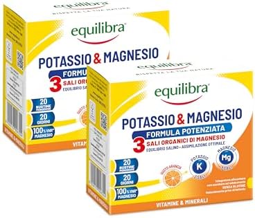 Equilibra Integratori Alimentari, Potassio e Magnesio 3 Formula Potenziata, Integratore Magnesio e Potassio per Reintegro Sali Minerali, Gusto Arancia, Senza Glutine e Senza Lattosio, 40 Bustine