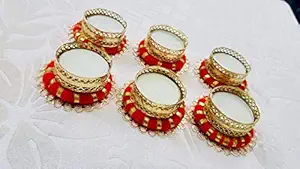 Diwali Diya/Candle Holder/Rajasthani Metal and Gota Diwali Diya Holder/T Light Candle Holder/Decorative Diya/Home Decoration/Red Colour/Diwali Gift/Set of 6/Navratri/Diwali/Puja