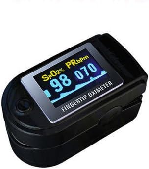 Black Evanmore CMS50D colour finger pulse oximeter OLED display pocket sized oxygen Sp02 and heart rate monitor with 4 display directions, carry case, lanyard, full instructions and 2 x AAA batteries