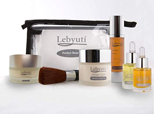 LEBYUTÍ Pack facial Antiedad. Crema antiarrugas hidratante + Serum efecto lifting + Contorno de ojos + Aceite Argán + Aceite Rosa Mosqueta + Neceser + Brocha de maquillaje. ¡Regala juventud!