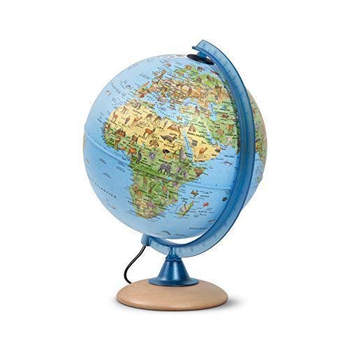 Preisvergleich Produktbild Kinderleuchtglobus 25cm mit vielen Abbildungen, heller Holzfuß, Meridian blau, italienisch - mit LED Lampe