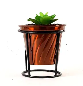 Roots & Shoots Shiny Glass Shape Pot with Round Stand for Table Top for Home Decor and Indoor Gardening (Copper Orange)