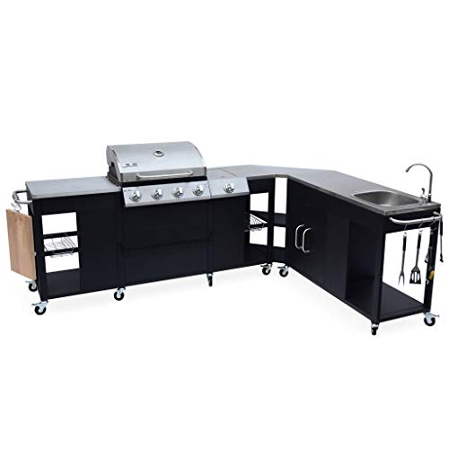 spécifications Alice's Garden - Barbecue, cuisine extérieure gaz - Rochefort - Barbecue 5 brûleurs avec évier, planche, ustensiles, plan de travail, et thermomètre