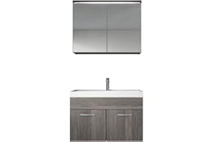 BADPLAATS B.V. Badezimmer Badmöbel Set Paso 02 80cm Waschbecken Grau Eiche - Unterschrank Schrank Waschbecken Spiegelschrank Schrank