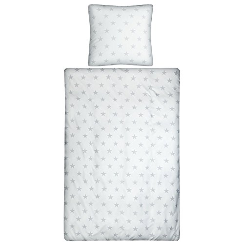 Aminata – Bettwäsche 135×200 cm Mikrofaser + Reißverschluss Sterne Hellgrau Silber Weiß Bettbezug Sternchen Stars Wendebettwäsche 2-teiliges Bettwäscheset Bezug Ganzjahr Normalgröße Jungen Mädchen - 3