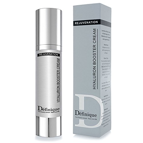 Définique Hyaluron Booster Cream, 50ml Wirkstoffkosmetik / Cosmeceutical Luxuriöse Anti-Aging Hyaluronsäure Creme mit Argireline, Hydroxyprolin, Vitamin E, Vitamin C, ProVitamin B5 und edlen Pflegeölen