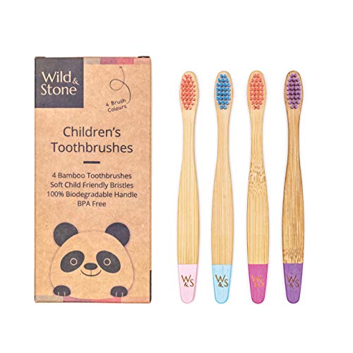 Brosse à dents en bambou pour enfants organique | Quatre Couleurs Bonbons | Doux fibre Soies | Poignée 100% biodégradable | Végétalien Eco Friendly Brosses à dents pour enfants de Wild & Stone