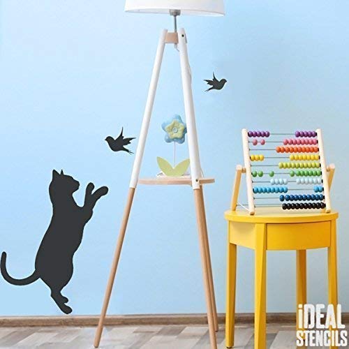Ideal Stencils Chat & Oiseau Pochoir | Maison Crèche Décor Mural | Peinture Murs Tissu et Meubles | Réutilisable Art Artisanat - semi transparent pochoir, M/Cat Size 25x37cm