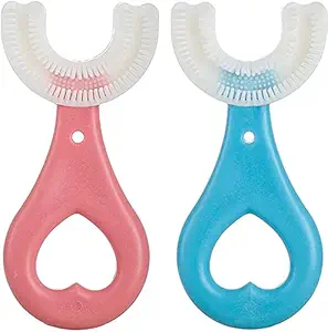 2Pcs Kids U- Shaped Toothbrush, Food Grade Soft Silicone Brush Head, 360? Manual Toothbrush Oral Cleaning Tools for Children Training ((Blue+Pink)for 2-6ages)