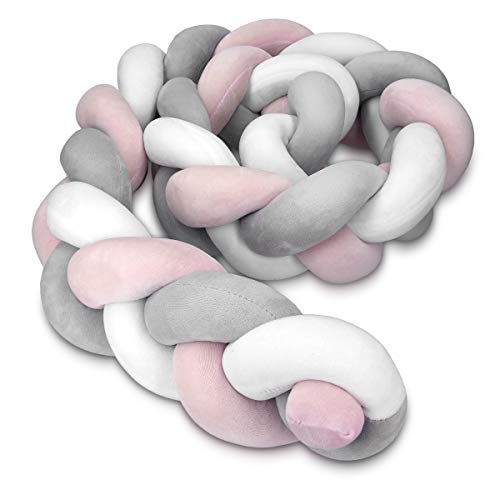 Preisvergleich Produktbild Navaris Bettschlange geflochten 200cm Nestchen Zopf - Babybett Stoßfänger Bettumrandung lang - Kopfschutz Zugluftstopper in Weiß Grau Rosa