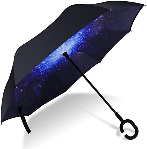 Windproof UV Protection Reverse Folding Double Layer Inverted Umbrella with C shape Handle, Self Standing, Inside Out , Hand Free, Best for Travelling and Car Use (Blue Galaxy)