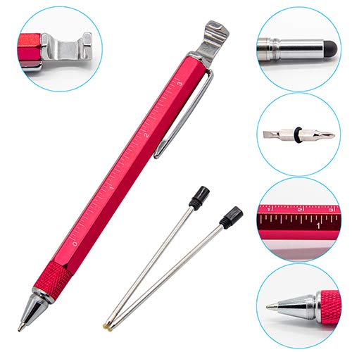 Stylo Woclhj multifonction - 7 en 1 - Avec règle, décapsuleur, support pour téléphone, stylo à bille, stylet, tête plate et tournevis Philiips - Cadeau pour homme Red
