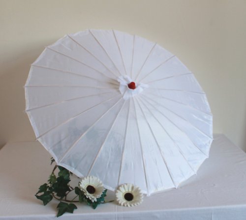 Sonnenschirm 006, Dekoschirm aus Kunstfaser, wasserfest in weiss aus Bambus mit Holzgriff - 4