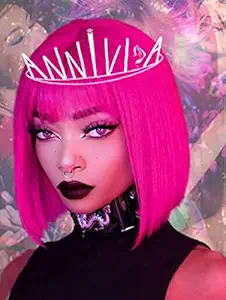 Daiqi Hot Pink Short Bob Wig with Bangs for Women 12 Heat Resistant Synthetic Straight Wigs with Bangs Halloween Cosplay Party Wig Natural As Real Hair (Hot Pink)